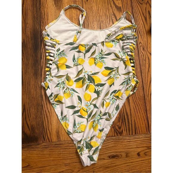Revamped Yellow Green Lemon Print Cut-Out Caged Side One Piece Swimsuit Medium - Picture 2 of 4